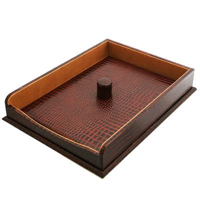 Brown Nile Croc Leather Paper Tray, Leather Letter Tray With Lid